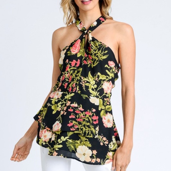 Doe & Rae Tops - LAST ONE!! Black Floral Halter Neck Peplum Top